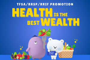 TFSA/RRSP/RRIF Promotion (Health is the Best Wealth) image with Shinhan Characters with healthy food icons.